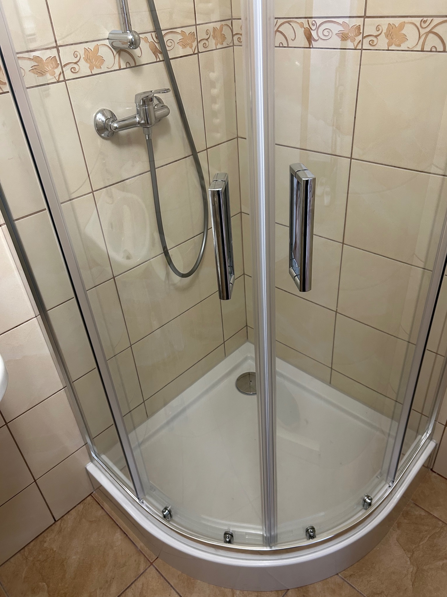 Kabina prysznicowa narożna z chromowaną armaturą i beżowymi płytkami z dekoracyjnym motywem roślinnym. Widoczne detale wykończenia i czysta, biała brodzik.