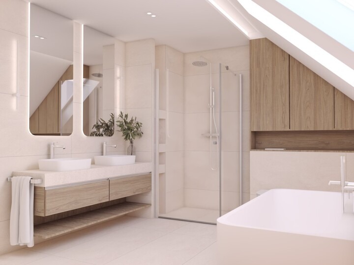Jasna łazienka na poddaszu z dwoma umywalkami, kabiną prysznicową i wanną, wykończona w drewnie i bieli, z oświetleniem LED wokół luster.