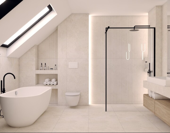 Jasna łazienka na poddaszu z owalną wanną, kabiną prysznicową typu walk-in z czarną ramą i podświetleniem LED, umywalką na drewnianej szafce oraz toaletą.