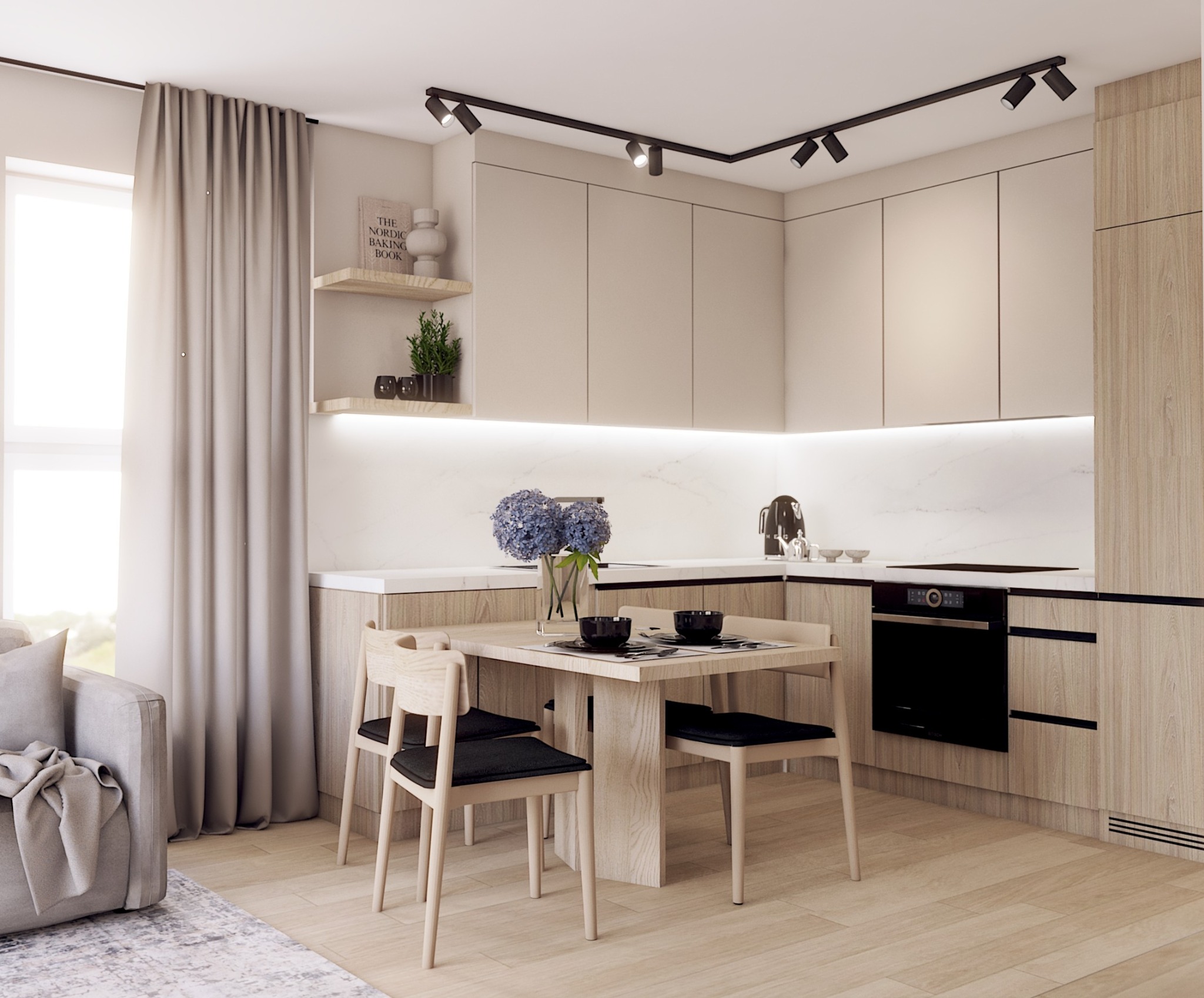 Jasna kuchnia z drewnianymi szafkami, marmurowym blatem i stołem jadalnym z kwiatami, oświetlona punktowymi lampami sufitowymi.