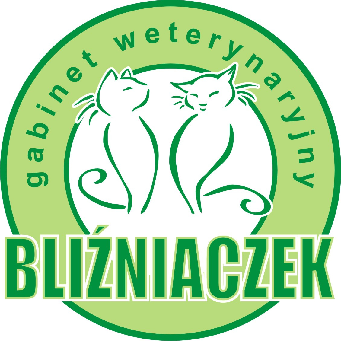 Zielone logo gabinetu z dwoma stylizowanymi białymi kotami wewnątrz okręgu, z napisem 'gabinet weterynaryjny' u góry i nazwą 'BLIŹNIACZEK' na dole.