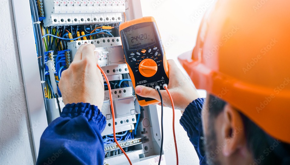 Elektryk w kasku, mierzący napięcie w skrzynce rozdzielczej za pomocą multimetru cyfrowego; widoczne przewody, bezpieczniki i wyświetlacz z wartością pomiaru.