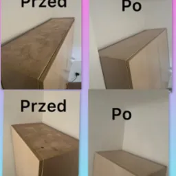 Czterokadrowa kompilacja przedstawiająca narożną szafkę z jasnego drewna przed i po czyszczeniu, z widocznymi smugami i zabrudzeniami na górnej powierzchni w kadrach 'Przed' i czystą powierzchnią...