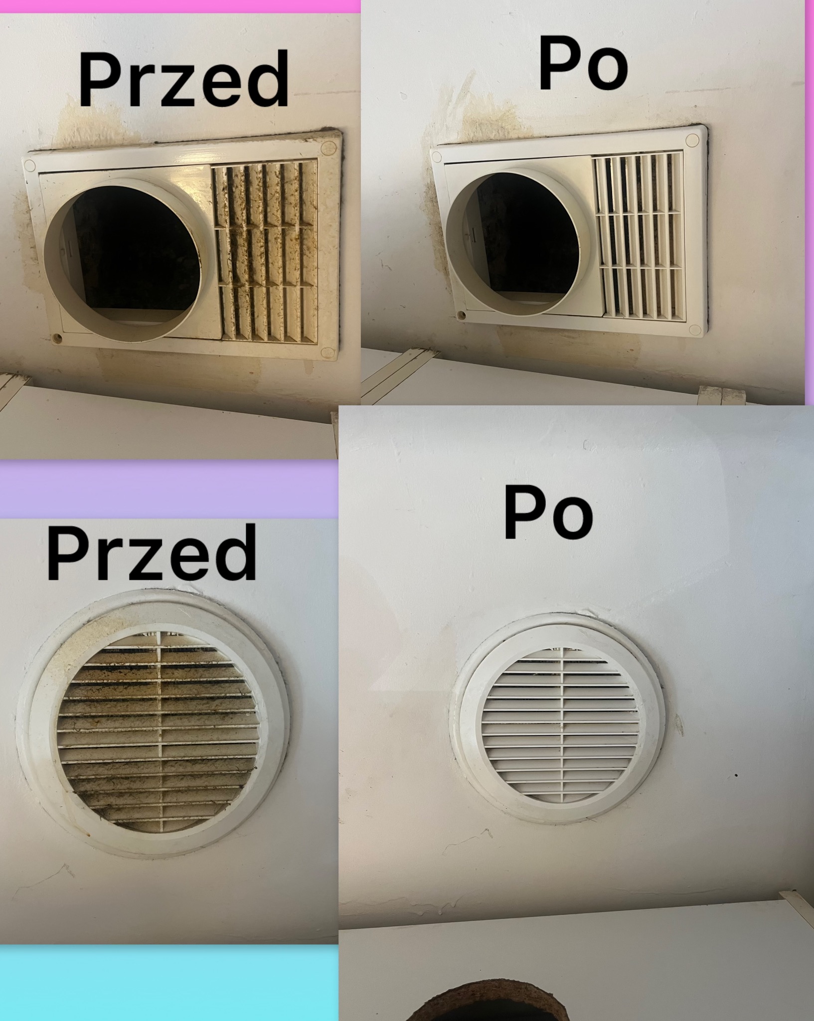 Kolaż zdjęć dwóch kratek wentylacyjnych na suficie, pokazujący stan przed i po czyszczeniu, z wyraźnym kontrastem brudu i czystości.
