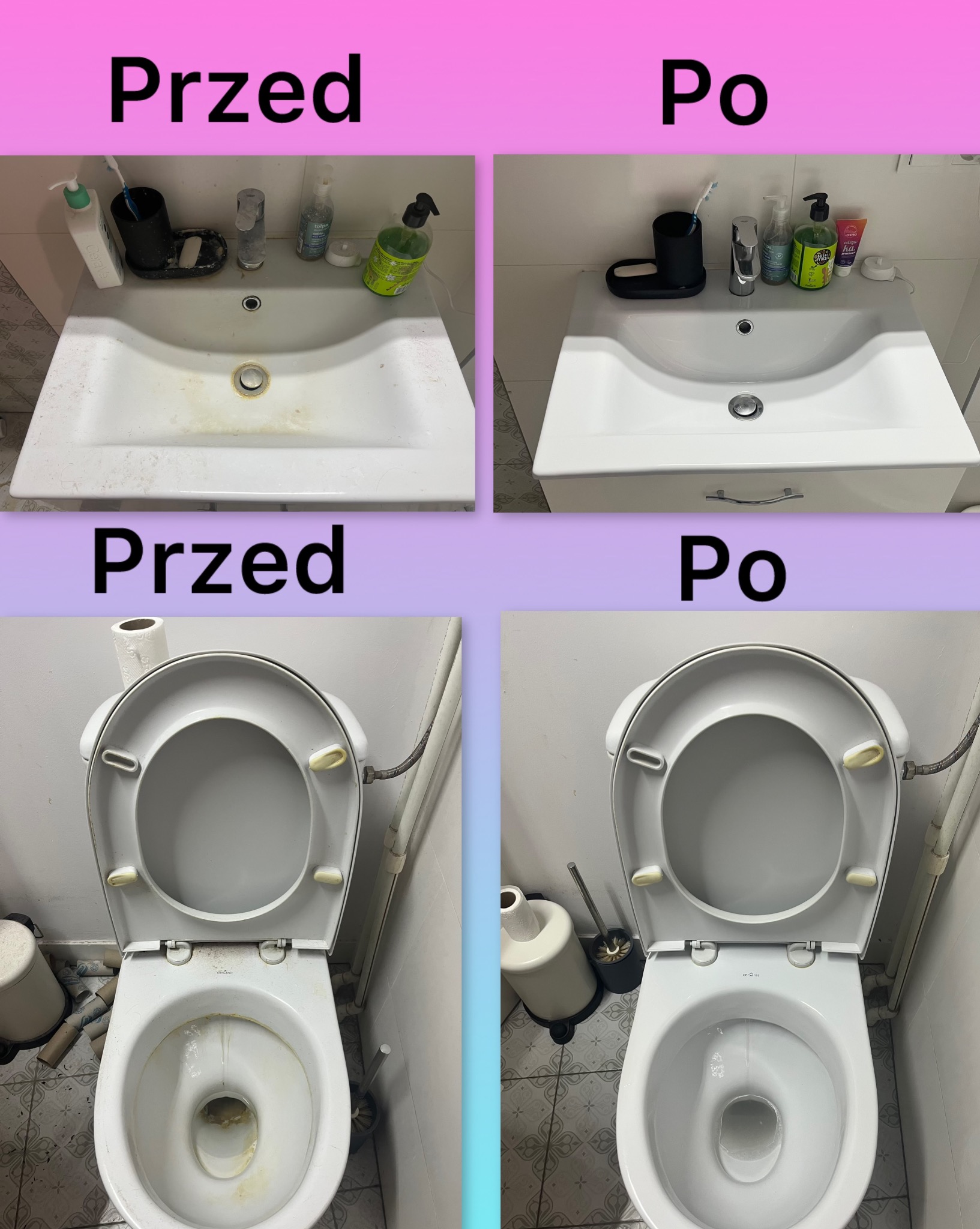 Porównanie stanu umywalki i toalety przed i po czyszczeniu, widoczne różnice w czystości powierzchni i usunięciu zabrudzeń.