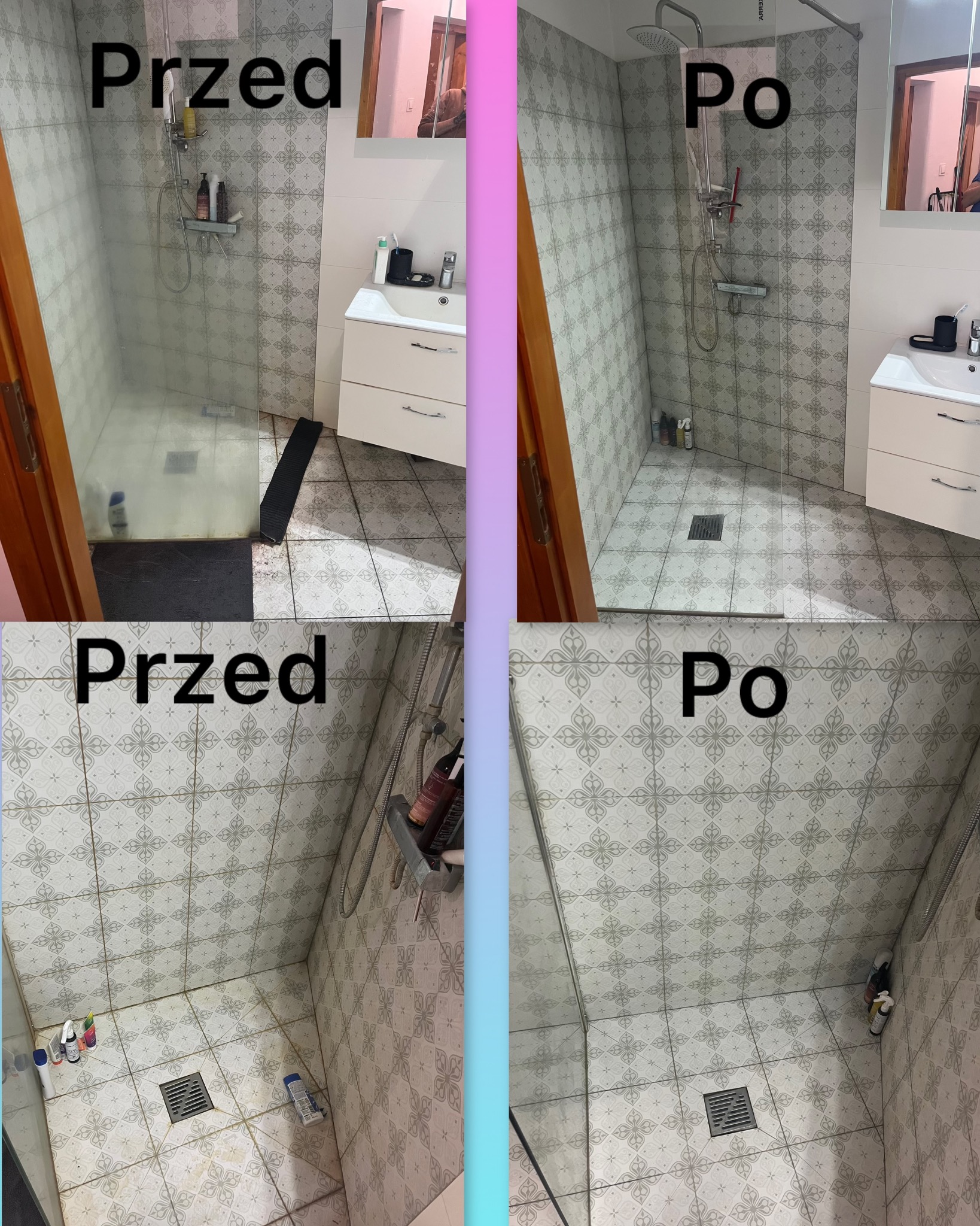 Porównanie 'Przed' i 'Po' czyszczenia kabiny prysznicowej z widocznymi zabrudzeniami na podłodze i ścianach przed czyszczeniem oraz czystą powierzchnią po zabiegu.