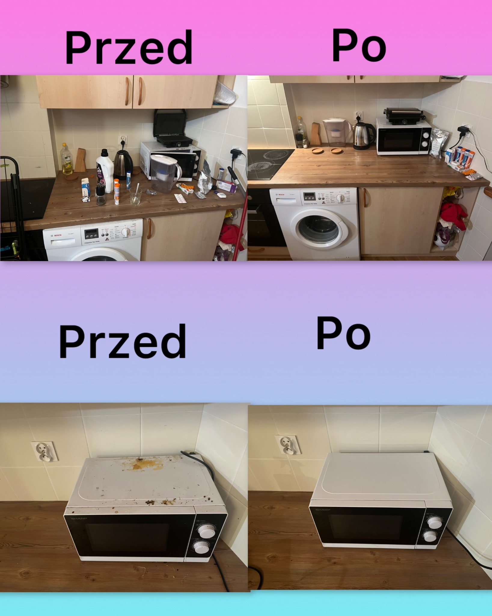 Porównanie stanu kuchni przed i po czyszczeniu: na górze blat z pralką i różnymi przedmiotami, na dole mikrofala z zabrudzeniami i po umyciu, widoczne napisy 'Przed' i 'Po'.
