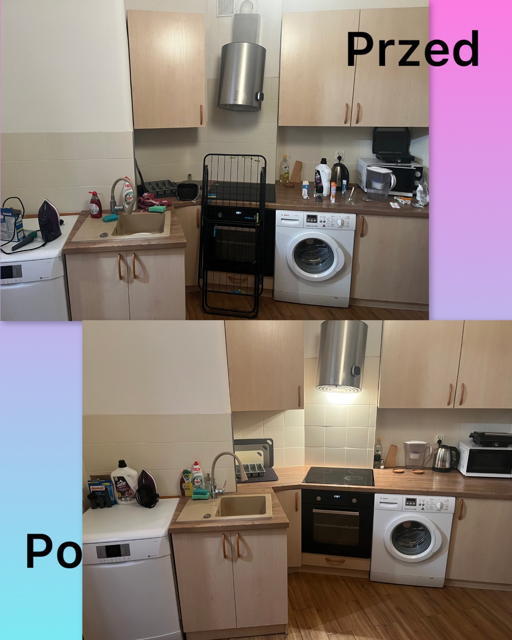 Zdjęcie typu 'przed i po' przedstawia kuchnię z jasnymi szafkami, gdzie górna część pokazuje zagracone blaty, suszarkę na naczynia i nieporządek, a dolna część prezentuje tę samą kuchnię po...