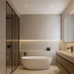 Minimalistyczna łazienka z wolnostojącą wanną i czarną armaturą. Ściany wykończone płytami w odcieniach szarości z marmurkowym wzorem. Podświetlenie LED nadaje wnętrzu ciepła.