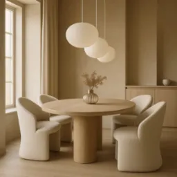 Beżowa jadalnia: okrągły stół z kwiatami w wazonie, otoczony czterema krzesłami o obłych kształtach. Nad stołem wiszą trzy okrągłe lampy. Całość utrzymana w ciepłych, naturalnych tonacjach.