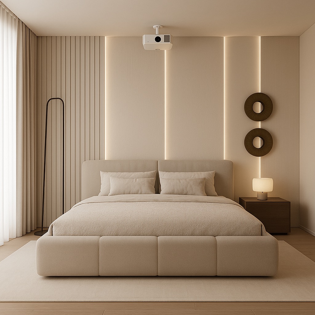 Beżowa sypialnia z projektorem sufitowym, pionowe panele ścienne z podświetleniem LED, minimalistyczne dekoracje ścienne i tapicerowane łóżko.