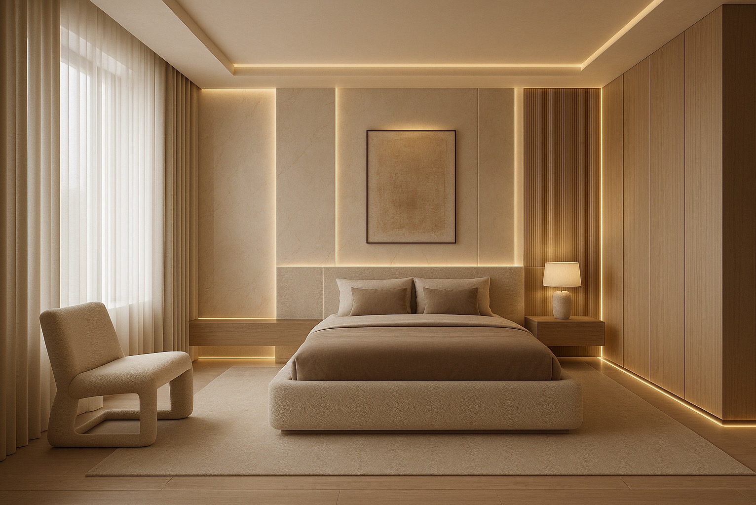 Nowoczesna sypialnia z podświetleniem LED w ciepłych barwach, widoczna w Warszawie. Minimalistyczny design, beżowa kolorystyka i elegancki fotel.