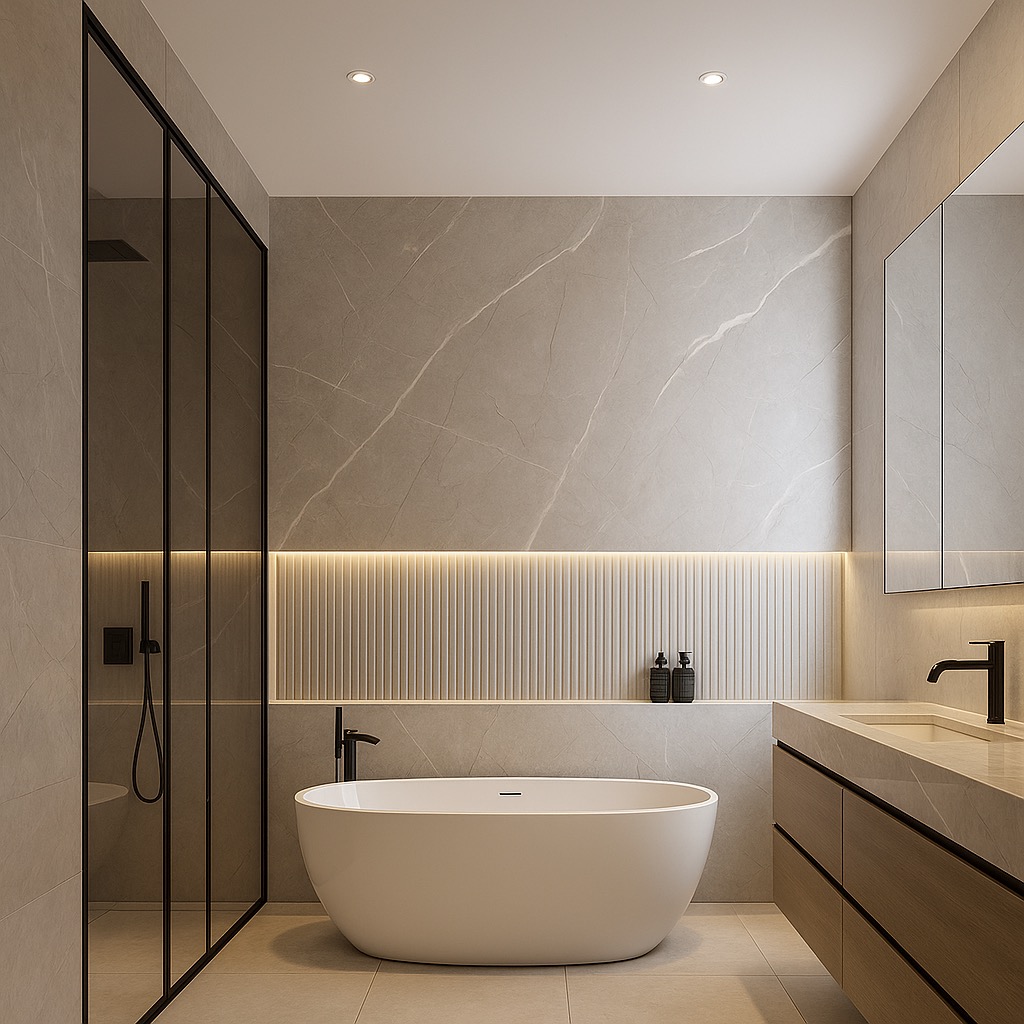 Minimalistyczna łazienka z wolnostojącą wanną i czarną armaturą. Ściany wykończone płytami w odcieniach szarości z marmurkowym wzorem. Podświetlenie LED nadaje wnętrzu ciepła.