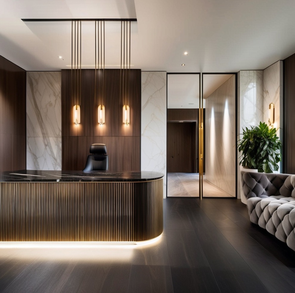Eleganckie lobby biurowe z recepcją oświetloną LED, marmurowe ściany, drewniane panele i designerskie lampy wiszące. Nowoczesny wystrój z sofą i roślinami.