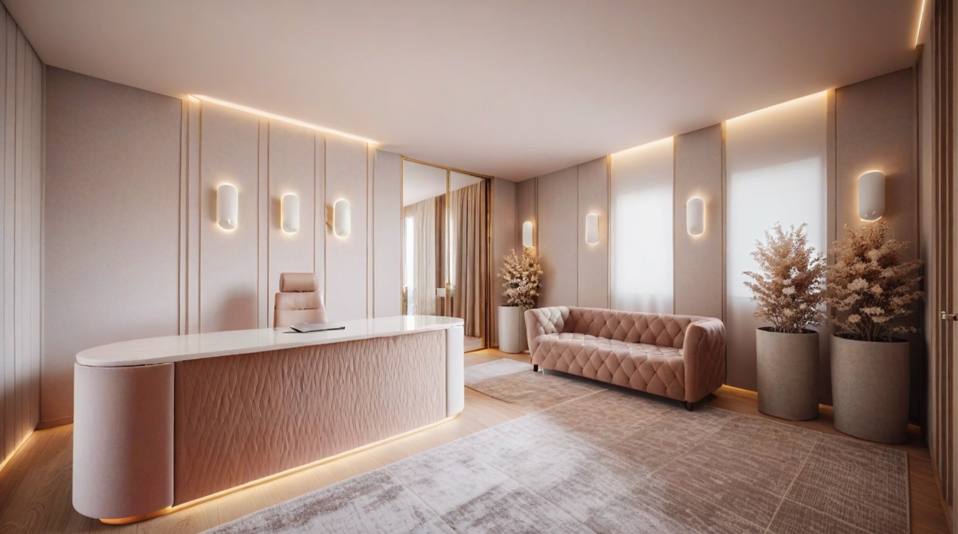 Eleganckie biuro w beżach: sofa typu Chesterfield, owalne biurko z podświetleniem LED, lustrzane drzwi i minimalistyczne lampy ścienne tworzą spójną, luksusową przestrzeń.