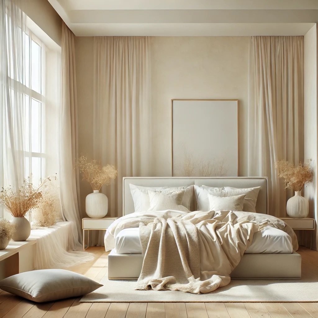Jasna sypialnia w beżach: duże okno z firanami, łóżko z narzutą, wazony z suszem. Minimalistyczny wystrój, drewniana podłoga. Stonowana kolorystyka, ciepłe światło.