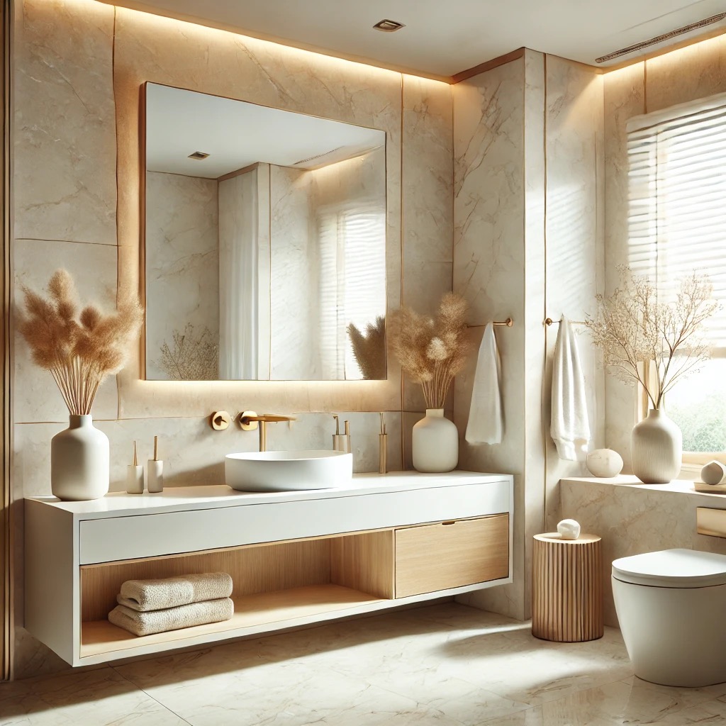 Elegancka łazienka w beżach: marmurowe ściany, podświetlane lustro, biała umywalka i ceramika. Minimalistyczne dodatki z suszonych traw w wazonach.