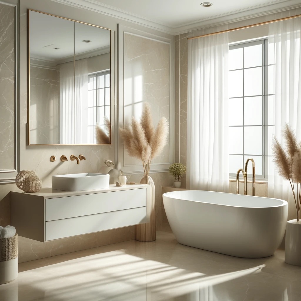 Jasna łazienka z beżowymi akcentami: biała wanna, umywalka nablatowa, lustro w złotej ramie i dekoracyjne trawy pampasowe przy oknie z firanami.