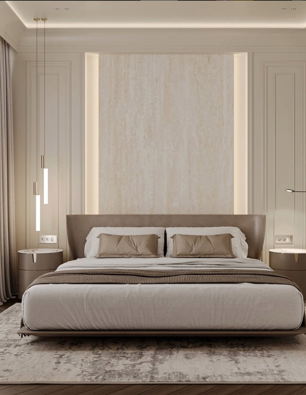 Elegancka sypialnia w beżach: łóżko z wezgłowiem, lampy wiszące, dywan z abstrakcyjnym wzorem. Stonowana kolorystyka, minimalistyczny design, oświetlenie LED w ścianie.