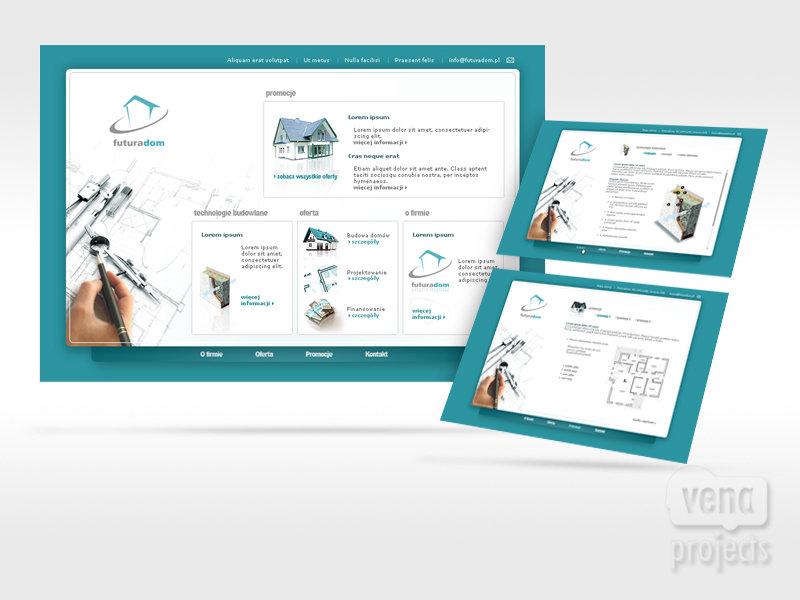 Projekt strony internetowej z elementami planu architektonicznego, wizualizacje różnych podstron w perspektywie 3D, branding 'futuradom' w lewym górnym rogu.