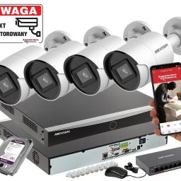 DEX-MAX PATRYK KOPERSKI - Zestaw urządzeń do monitoringu wizyjnego Hikvision: cztery kamery cylindryczne, rejestrator, dysk twardy WD Purple, switch PoE, mysz komputerowa oraz smartfon z podglądem na żywo z kamery...