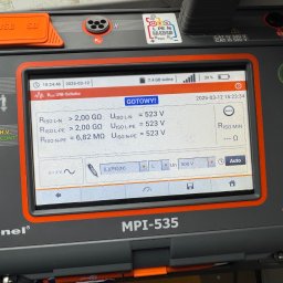 DEX-MAX PATRYK KOPERSKI - Miernik Sonel MPI-535 z widocznym ekranem prezentującym wyniki pomiarów rezystancji izolacji (RISO) w obwodzie UNI-Schuko, z datą 2025-03-12 i statusem 'GOTOWY!' wyświetlonym na ekranie.