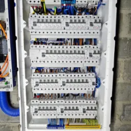 Rozdzielnica elektryczna z licznymi zabezpieczeniami, przewodami i listwami zaciskowymi w białej obudowie, zamontowana na szarej ścianie z betonu komórkowego. Widoczne kable doprowadzone do dolnej...