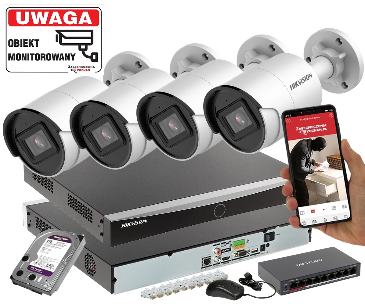 Zestaw urządzeń do monitoringu wizyjnego Hikvision: cztery kamery cylindryczne, rejestrator, dysk twardy WD Purple, switch PoE, mysz komputerowa oraz smartfon z podglądem na żywo z kamery...