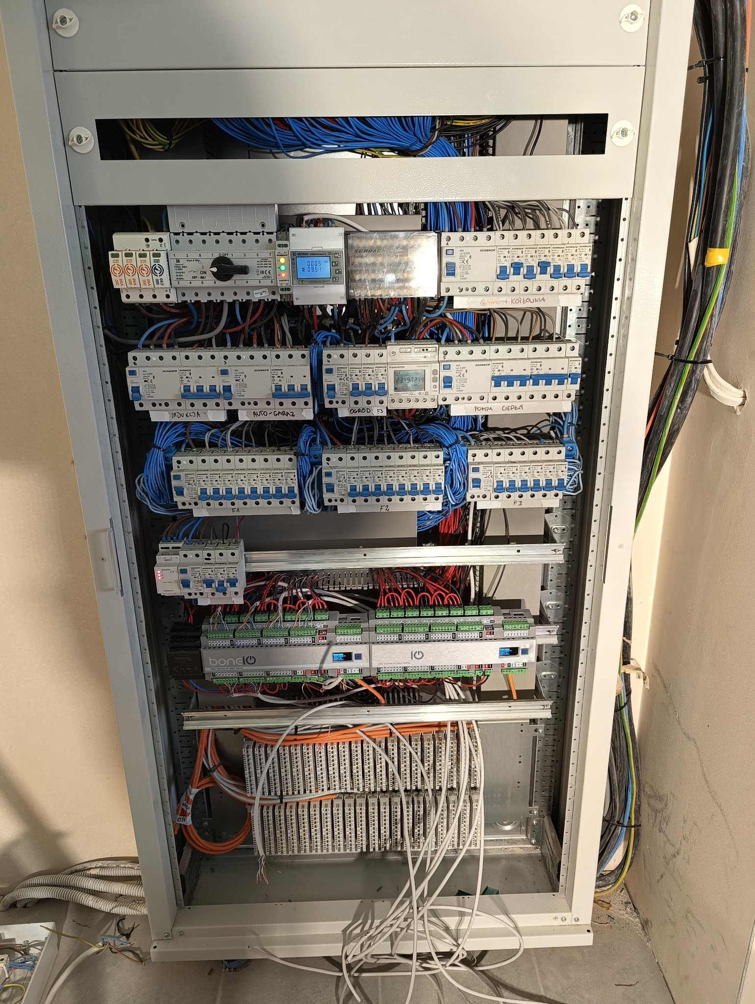 Rozdzielnica elektryczna w trakcie montażu, widoczne liczne zabezpieczenia, przewody oraz moduły sterujące, część przewodów niepodłączona, ściana w tle surowa.