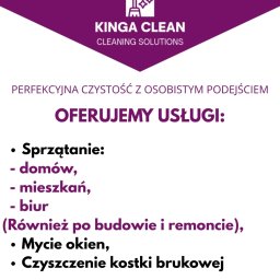 KingaClean - Grafika reklamowa firmy Kinga Clean z ofertą usług: sprzątanie domów, mieszkań, biur, po budowie i remoncie, mycie okien, czyszczenie kostki brukowej. Fioletowo-biała kolorystyka.