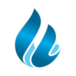 Stylizowana niebieska kropla w kształcie płomienia, logo firmy instalacyjnej lub grzewczej, gradientowe przejścia kolorów, na białym tle.