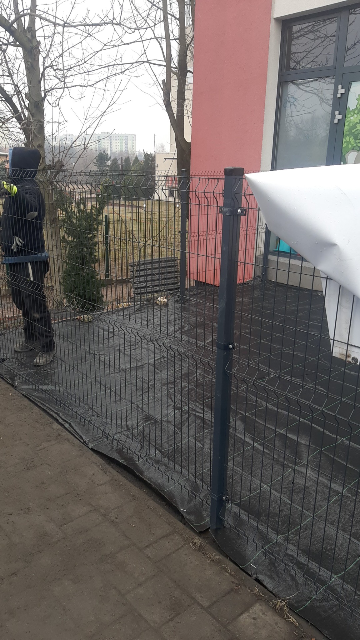 Montaż grafitowego ogrodzenia panelowego z podkładem agrowłókniny, widoczny pracownik w stroju roboczym i budynek w tle.