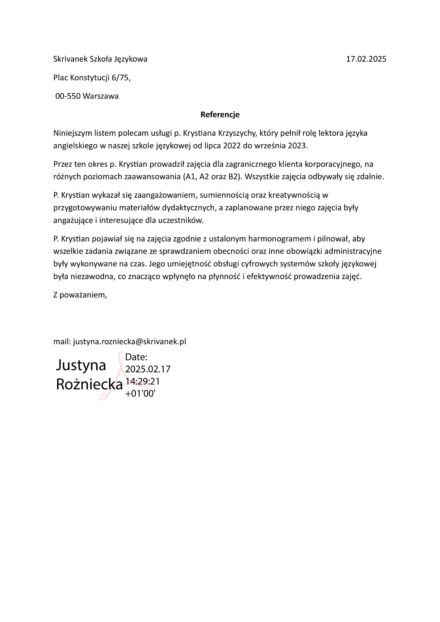 Referencje ze szkoły językowej.