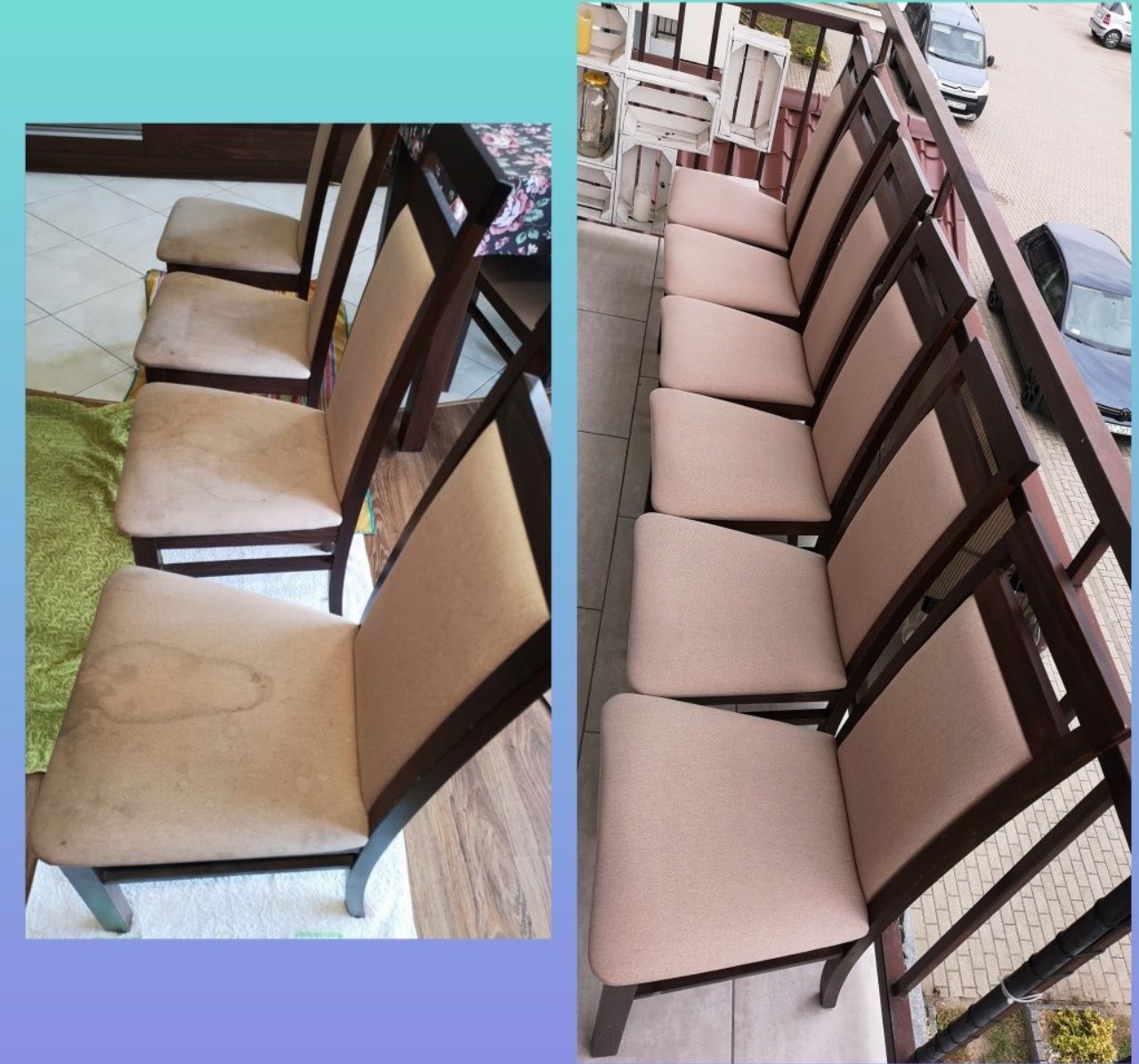 Porównanie krzeseł tapicerowanych przed i po czyszczeniu: po lewej widoczne plamy na beżowej tapicerce, po prawej krzesła po czyszczeniu, ustawione na balkonie z widokiem na zaparkowane samochody.