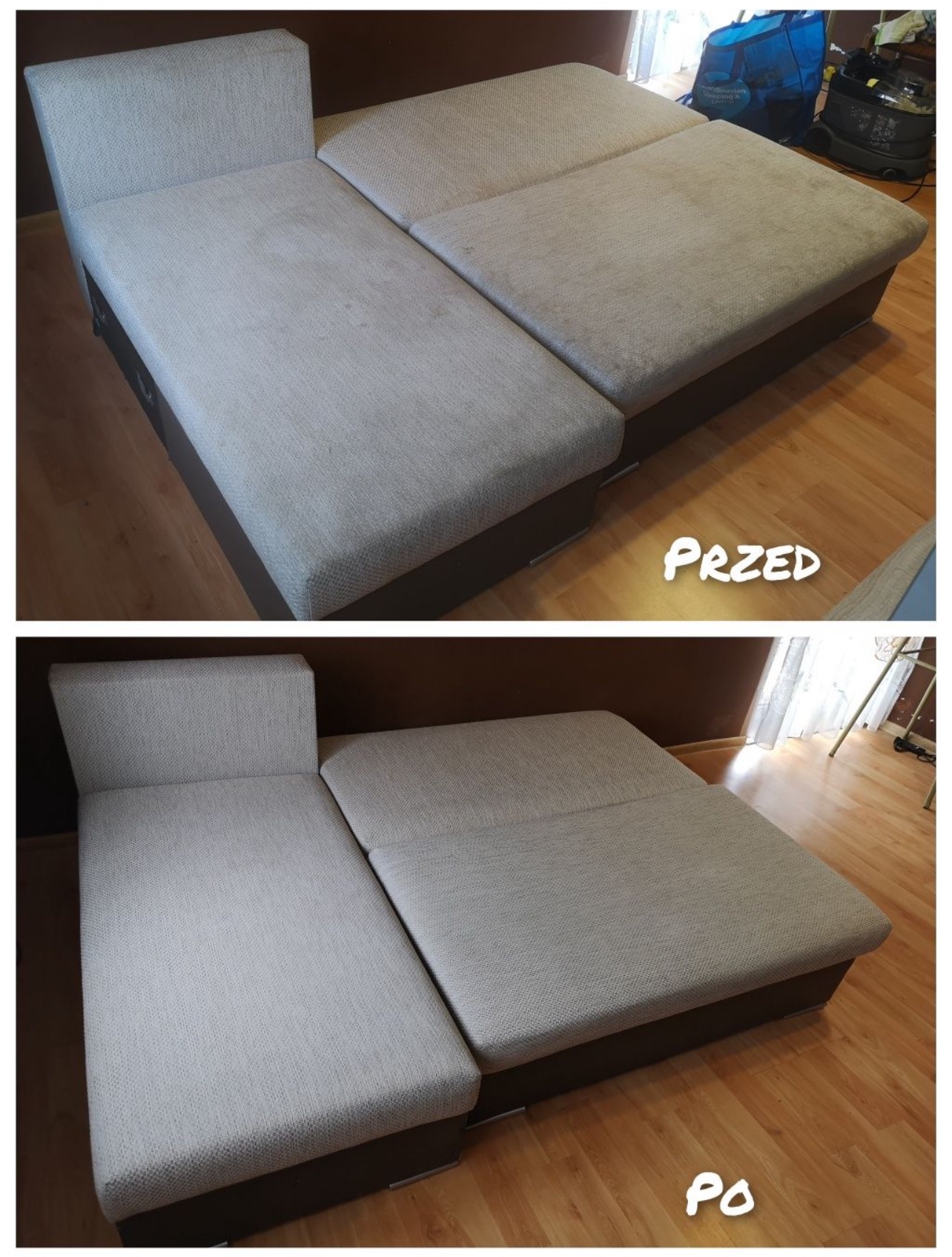 Dwu-częściowa kanapa narożna z jasną tapicerką, widok przed i po czyszczeniu, ukazujący różnicę w odświeżeniu materiału, z wyraźnymi plamami na górnym zdjęciu i czystą powierzchnią na dolnym.