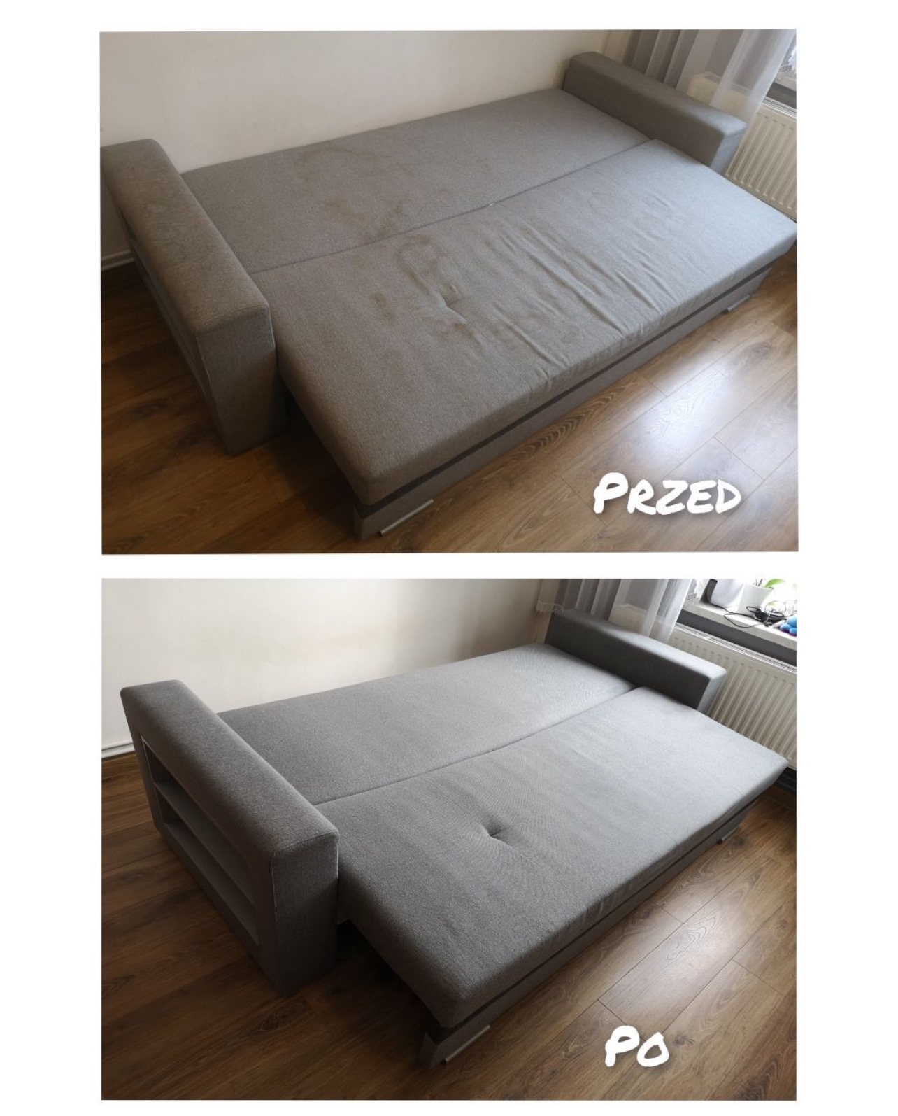 Szara rozkładana kanapa z widoczną różnicą w czystości tapicerki: górne ujęcie 'przed', dolne ujęcie 'po' czyszczeniu.