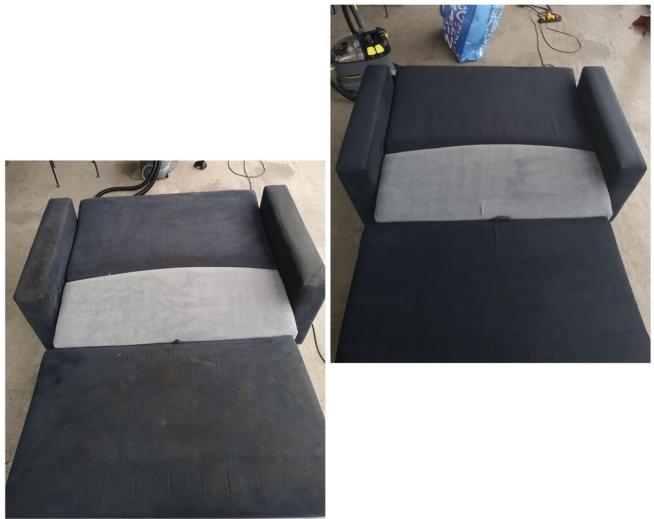 Dwa ujęcia tej samej rozłożonej, ciemnej kanapy z szarą poduszką przed i po czyszczeniu, widoczne różnice w odcieniu i plamy przed czyszczeniem, odkurzacz piorący w tle.