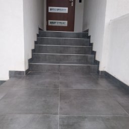 LUX - REM ŁUKASZ NIEDBALSKI - Schody wejściowe wyłożone szarymi płytkami, z widocznymi fugami i ciemną listwą przypodłogową. Brązowe drzwi z przeszkleniami w tle. Minimalistyczny design.