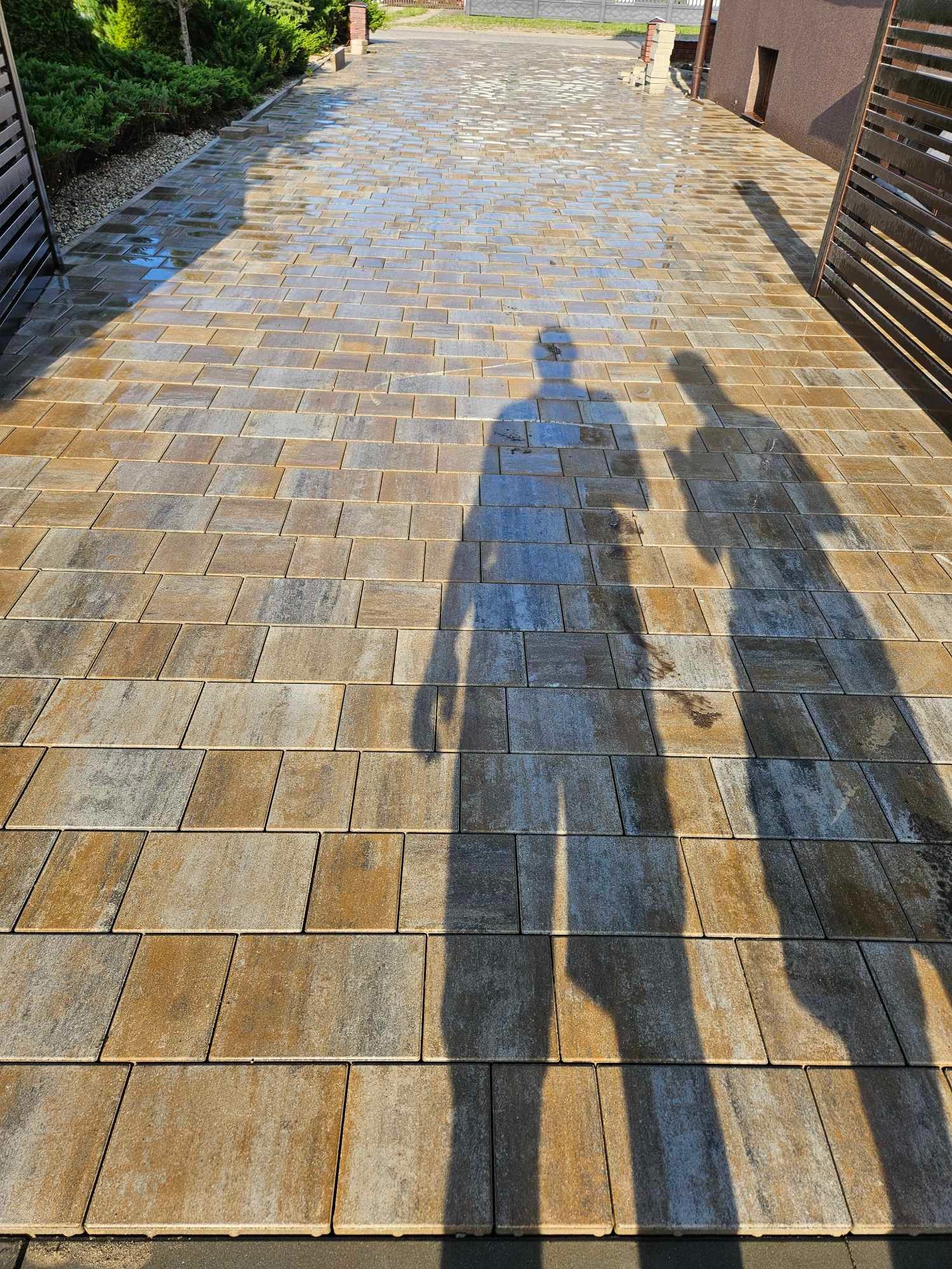 Świeżo ułożona, mokra kostka brukowa w odcieniach szarości i brązu, odbijająca światło słoneczne i cienie dwóch osób, prowadząca w kierunku domu z ciemną elewacją i zielenią.