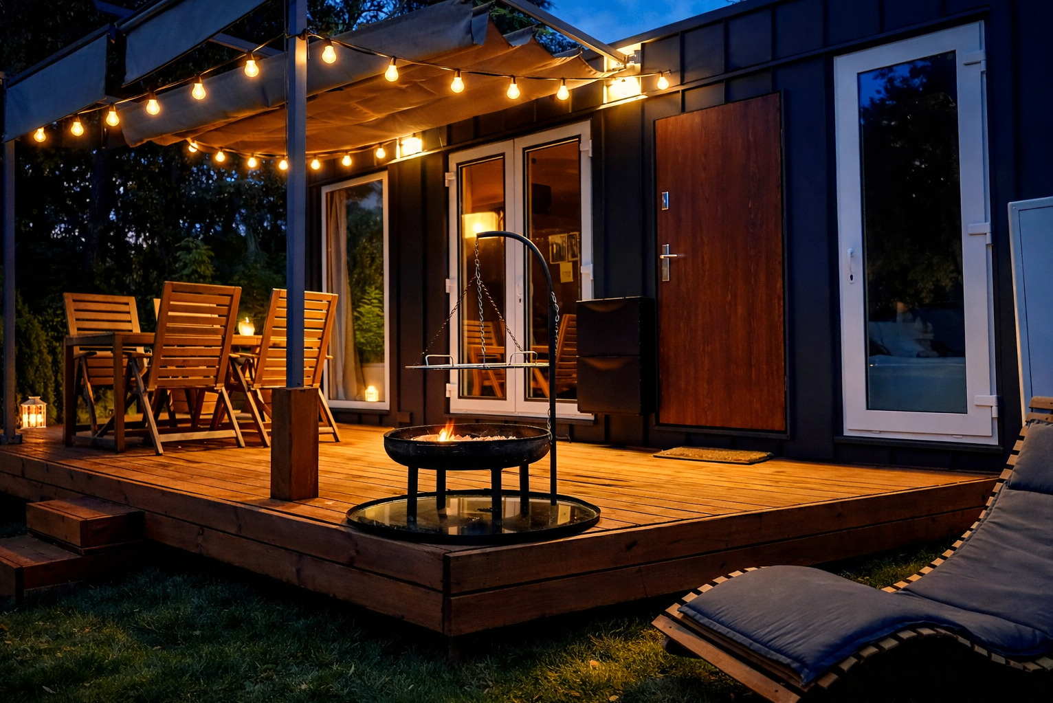 Nowoczesny domek mobilny z drewnianym tarasem, oświetlony girlandami żarówek, z miejscem do grillowania i relaksu na świeżym powietrzu. Wieczorny klimat.