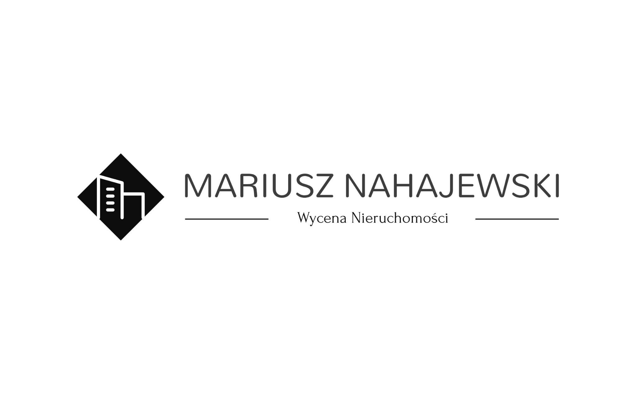 Logo firmy Mariusza Nahajewskiego, specjalizującej się w wycenie nieruchomości, z minimalistycznym symbolem budynku w czarnym rombie.