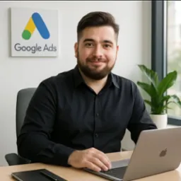 Uśmiechnięty mężczyzna z brodą siedzi przy biurku z laptopem, za nim logo Google Ads i roślina doniczkowa przy oknie. Jasne, neutralne tło.