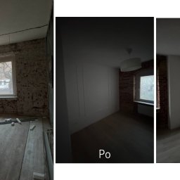Broker Bud - remonty i wykończenia wnętrz - Porównanie pokoju przed i po: surowe ceglane ściany i instalacje elektryczne vs. gładkie, białe ściany z dekoracyjnymi panelami i nowym oświetleniem.