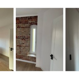 Broker Bud - remonty i wykończenia wnętrz - Kolaż trzech zdjęć: pokój z ceglaną ścianą i pralką w kartonie, fragment ceglanej ściany z oknem i białe drzwi, korytarz z szafą wnękową i widokiem na łazienkę.