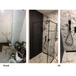 Broker Bud - remonty i wykończenia wnętrz - Fotografia 'przed i po' prezentuje etapy metamorfozy łazienki: od surowego stanu z instalacjami po elegancki prysznic z marmurowymi płytkami i czarną armaturą.
