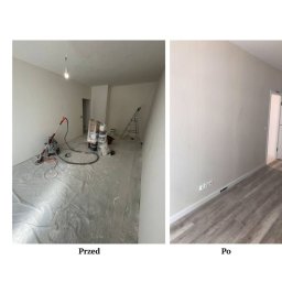 Broker Bud - remonty i wykończenia wnętrz - Zdjęcie 'przed i po' prezentuje pokój: po lewej - przygotowania do gładzi, szlifierka przy ścianie, folia na podłodze; po prawej - pokój po malowaniu, z panelami podłogowymi.