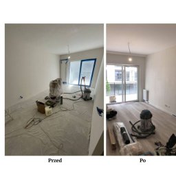 Broker Bud - remonty i wykończenia wnętrz - Pokój przed i po malowaniu: zabezpieczone okno folią, sprzęt malarski; po remoncie: czyste ściany, odkurzacz i akcesoria na podłodze. Widok na balkon.