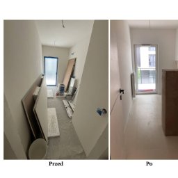 Broker Bud - remonty i wykończenia wnętrz - Korytarz 'przed i po' odświeżeniu. Lewa strona pokazuje stan z płytami i narzędziami. Prawa strona ukazuje gładkie ściany, jasne płytki i zapakowany mebel.