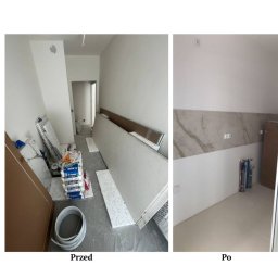 Broker Bud - remonty i wykończenia wnętrz - Zdjęcie 'Przed i Po' prezentujące remont łazienki. Po lewej: materiały budowlane, płyty. Po prawej: wykończona ściana z płytkami imitującymi marmur i nowa instalacja wodna.