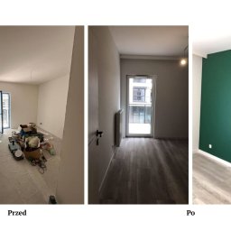 Broker Bud - remonty i wykończenia wnętrz - Zdjęcie 'przed i po' ukazujące metamorfozę pokoju: od stanu z przygotowaniami do malowania, do ściany pomalowanej na intensywny, głęboki odcień zieleni. Nowa, jasna podłoga.